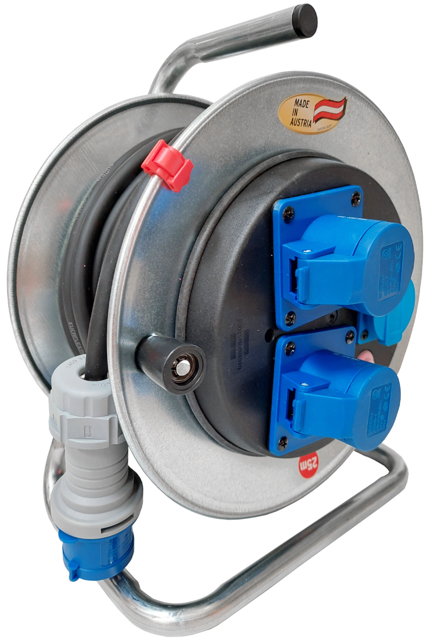 JUMBO® XS Kabeltrommel 25m – Mit 3 Steckdosen, H07RN-F Gummikabel Blau, 3x1,5mm²