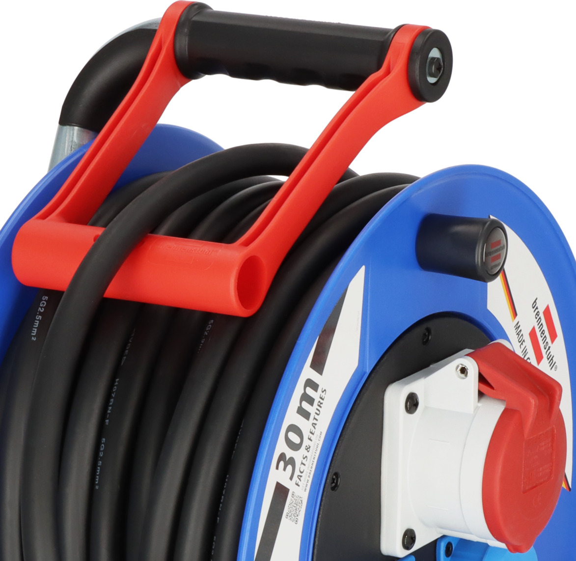 Industrielle Kabeltrommel 30m – H07RNF 3G2,5, 3 Steckdosen 16A, Thermischer Schutzschalter, IP44