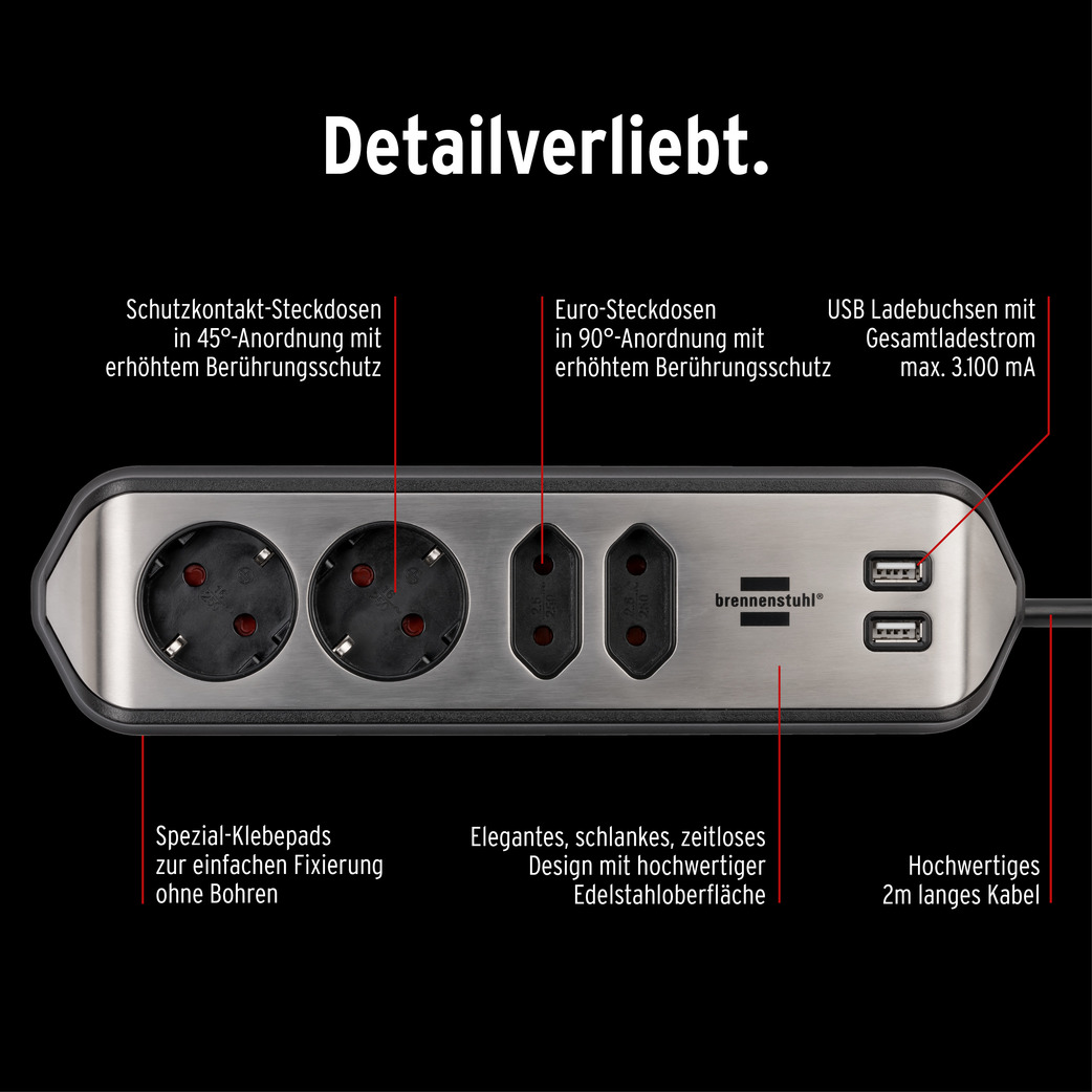 brennenstuhl®estilo Ecksteckdosenleiste mit USB-Ladefunktion 4-fach silber/schwarz