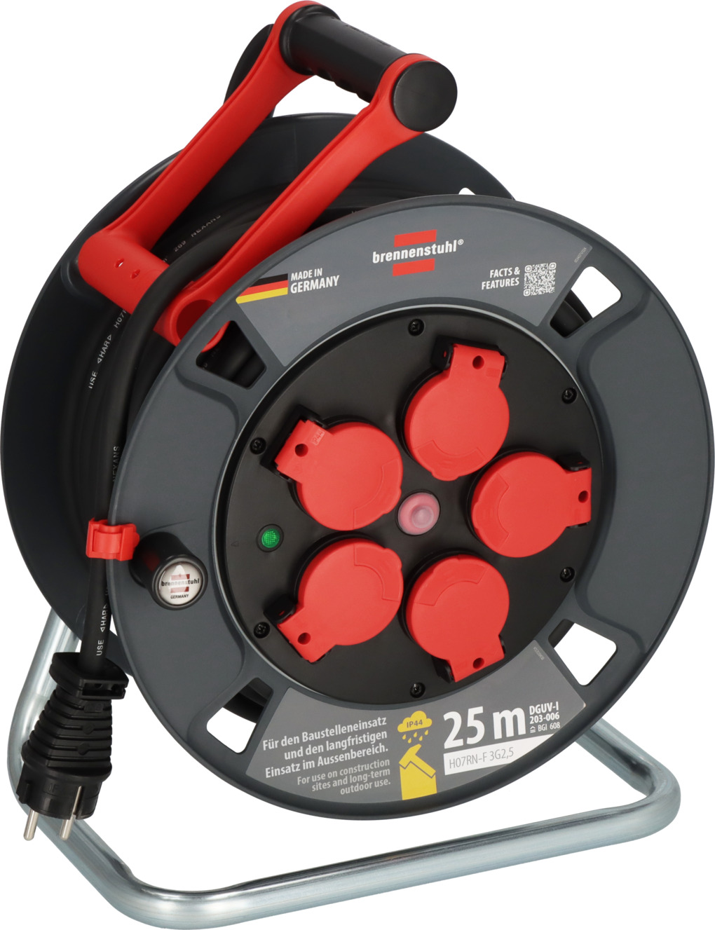 Jumbo-Kabeltrommel 25m – 3G2,5 Mm², H07RN-F – Mit 4 Schukosteckdosen, Gelb