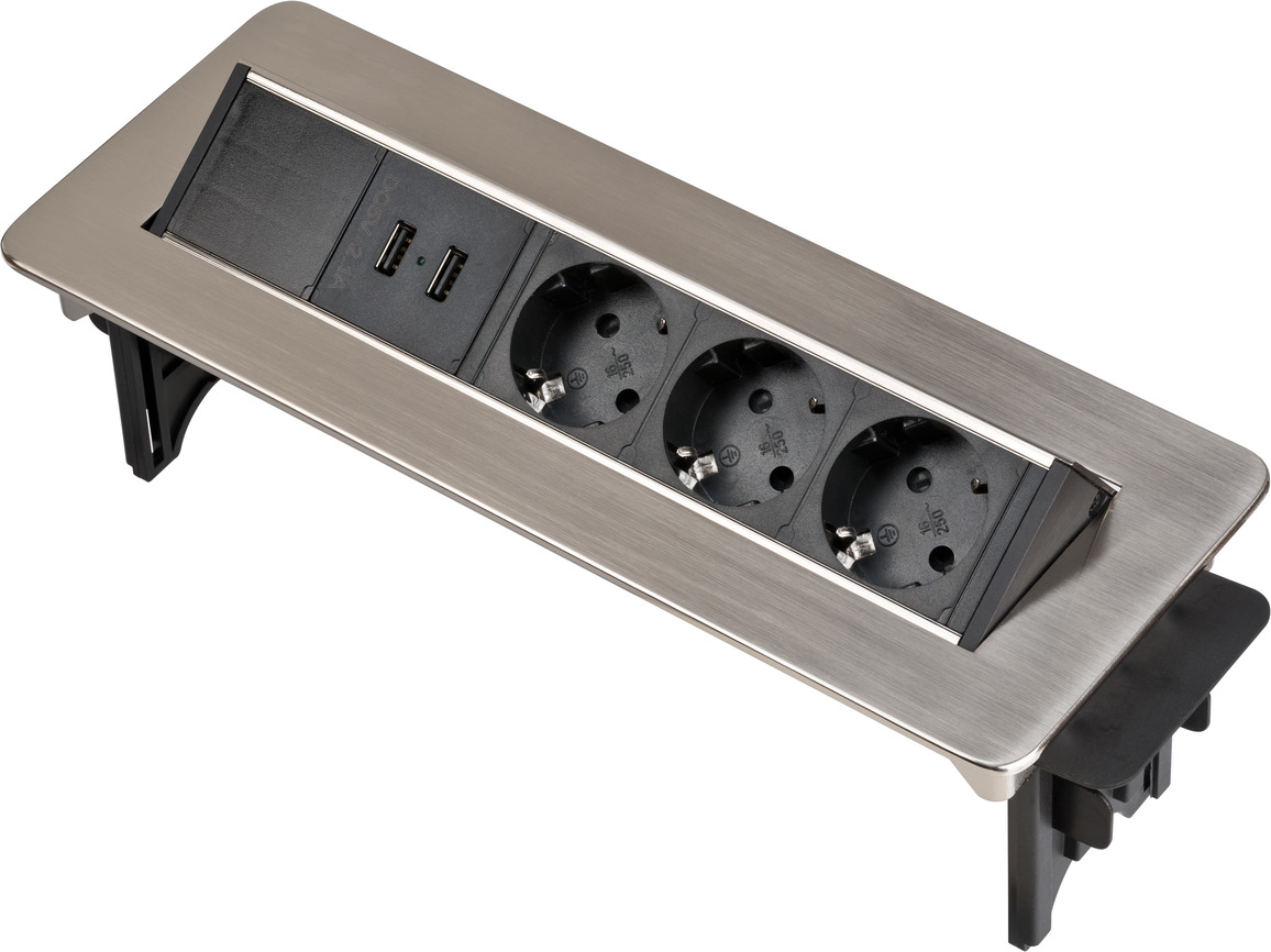Indesk Power USB table outlet strip 3-way, 2xUSB, 2m H05VV-F 3G1.5 | brennenstuhl®