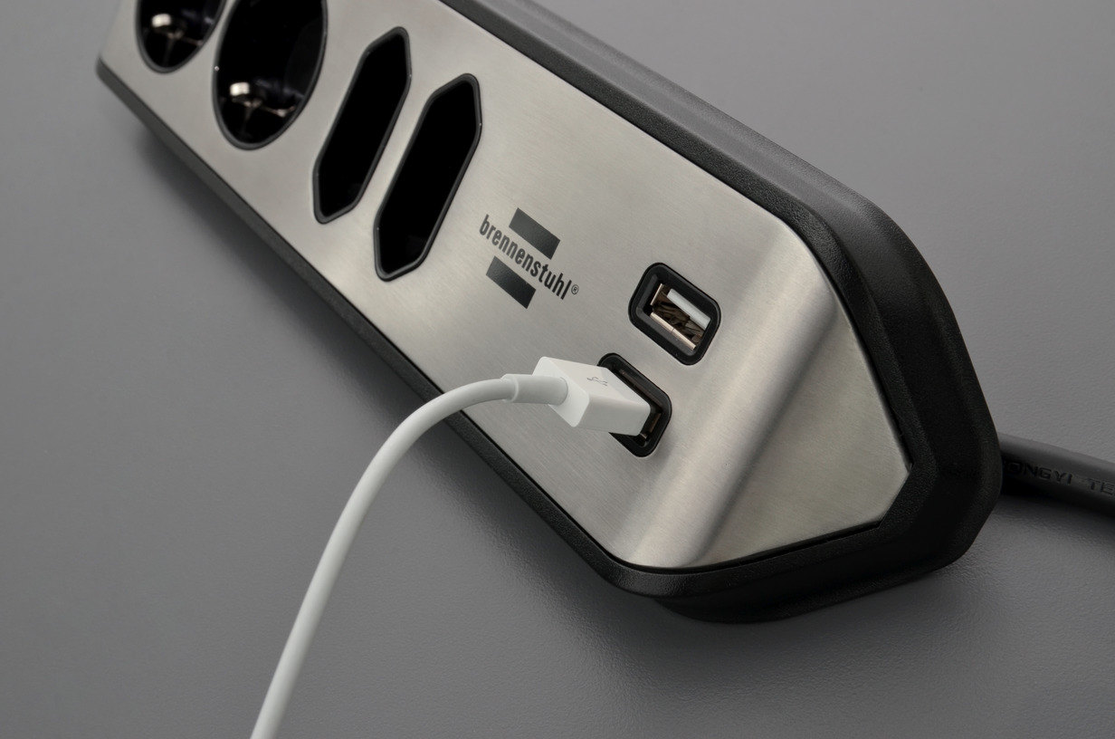 brennenstuhl®estilo corner extension lead with USB charging function 4-way 2x earthed sockets & 2x Euro sockets silver/black