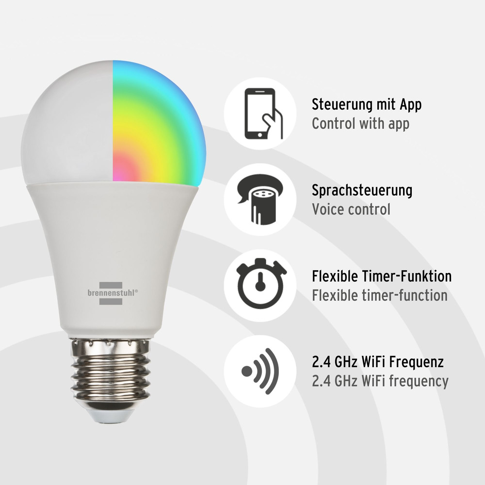 Brennenstuhl Connect Ampoule LED Wi-Fi SB 800 E27 (compatible avec Alexa et  Google Assistant, pas de hub nécessaire, ampoule intelligente 2,4 GHz avec