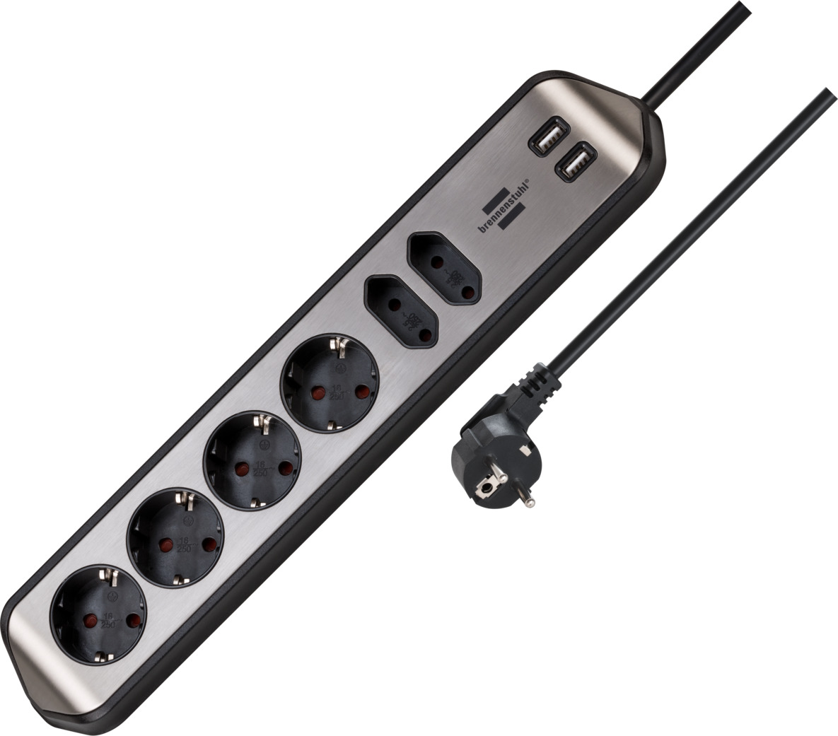 brennenstuhl®estilo corner extension lead with USB charging function 6-way 4x earthed sockets & 2x Euro silver/black
