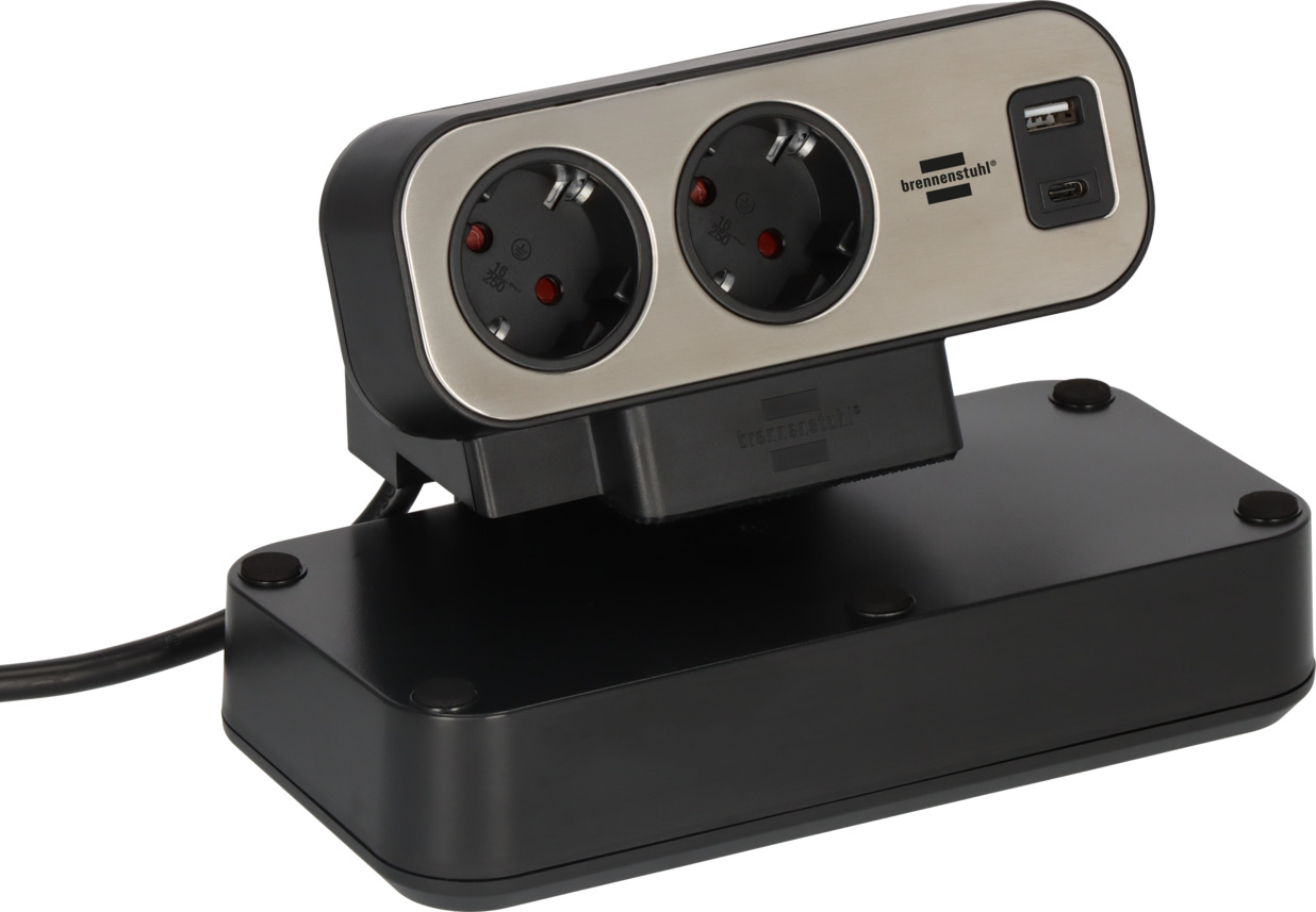 Brennenstuhl Estilo Corner Power Strip - 4 Outlets With USB, Stainless Steel Surface For Kitchen & Office