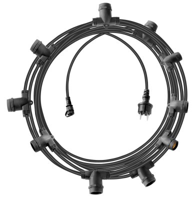 Party Lichterkette mit 10x E27 Fassungen, Gummikabel 10 m H07RN-F 2x1.5 schwarz, Stecker DE zweipolig / 230V
