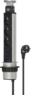 Tower Power USB-Charger Tischsteckdosenleiste 3-fach mit 2 USB Ladebuchsen 2m H05VV-F 3G1,5, in Tischplatte versenkbar