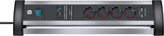 Alu-Office-Line 60.000A &Uuml;berspannungsschutz-Steckdosenleiste mit USB-Ladefunktion 4-fach 1,8m H05VV-F 3G1,5 - Produktbild
