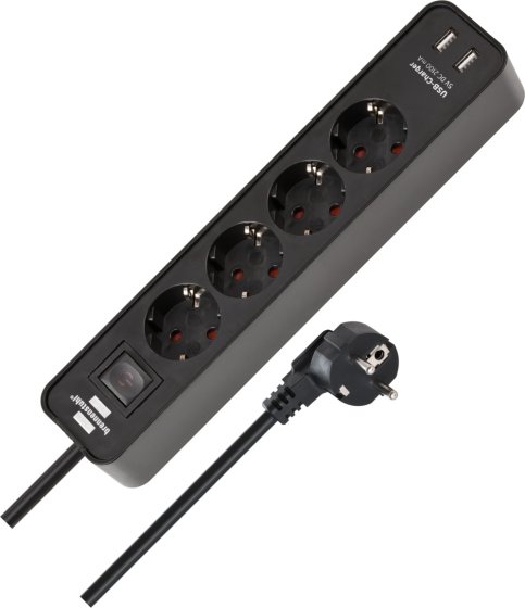 Ecolor Steckdosenleiste mit USB-Ladefunktion 4-fach schwarz/schwarz 1,5m H05VV-F 3G1,5 mit Schalter - Produktbild