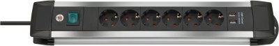 Premium-Alu-Line Steckdosenleiste mit USB-Ladefunktion 6-fach 3m H05VV-F 3G1,5