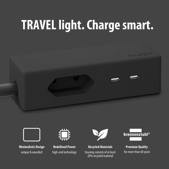 hugo! TRAVEL Steckdosenleiste mit USB C 20W PD und Euro Steckdose, deep black - Anwendungsbild