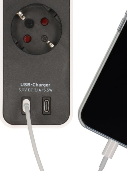 Ecolor Steckdosenleiste mit 2 USB C Ladebuchsen 4-fach weiß/schwarz 1,5m H05VV-F3G1,5 - Produktansicht
