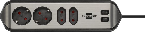 brennenstuhl®estilo Ecksteckdosenleiste 4-fach mit USB A und USB C PD 30W silber/schwarz - Produktansicht