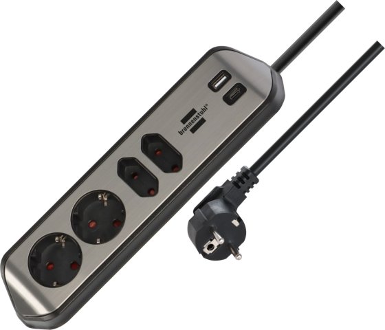 brennenstuhl®estilo Ecksteckdosenleiste 4-fach mit USB A und USB C PD 30W silber/schwarz - Produktbild