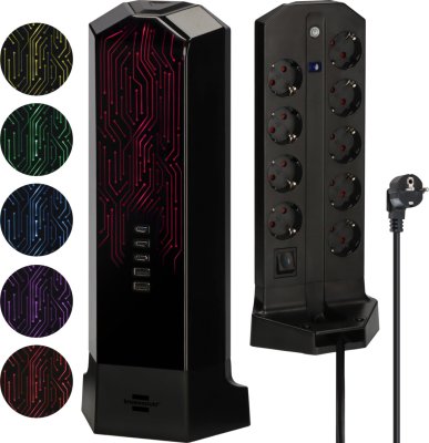 Gaming Steckdosenturm 9-fach mit 3x USB C, 2x USB A, 2m H05VV-F3G1.5m