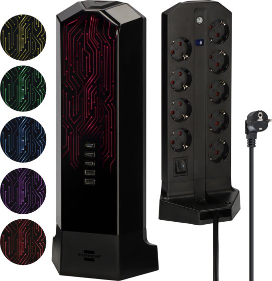 Gaming Steckdosenturm 9-fach mit 3x USB C, 2x USB A, 2m H05VV-F3G1.5m - Produktbild