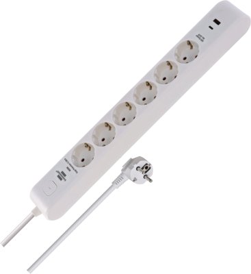 &Uuml;berspannungsschutz-Steckdosenleiste 6-fach 13.500 A mit 1x USB C PD 20W, 1x USB A 20W, 2m H05VV-F 3G1,5 wei&szlig;