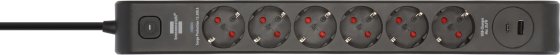 &Uuml;berspannungsschutz-Steckdosenleiste 6-fach 13.500 A mit 1x USB C PD 20W, 1x USB A 20W, 2m H05VV-F 3G1,5 schwarz - Produktansicht