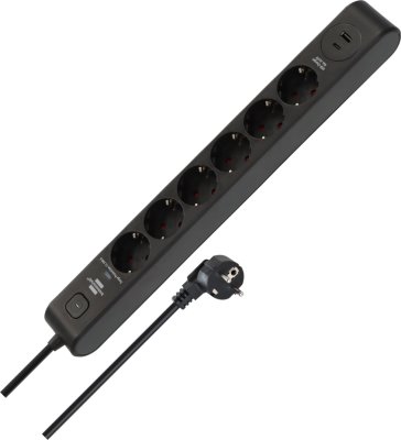 Überspannungsschutz-Steckdosenleiste 6-fach 13.500 A mit 1x USB C PD 20W, 1x USB A 20W, 2m H05VV-F 3G1,5 schwarz/anthrazit