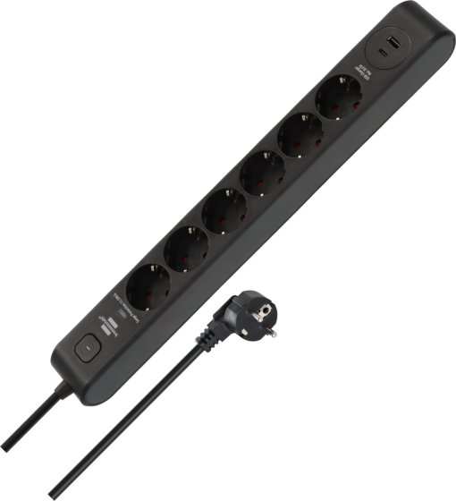 &Uuml;berspannungsschutz-Steckdosenleiste 6-fach 13.500 A mit 1x USB C PD 20W, 1x USB A 20W, 2m H05VV-F 3G1,5 schwarz/anthrazit - Produktbild