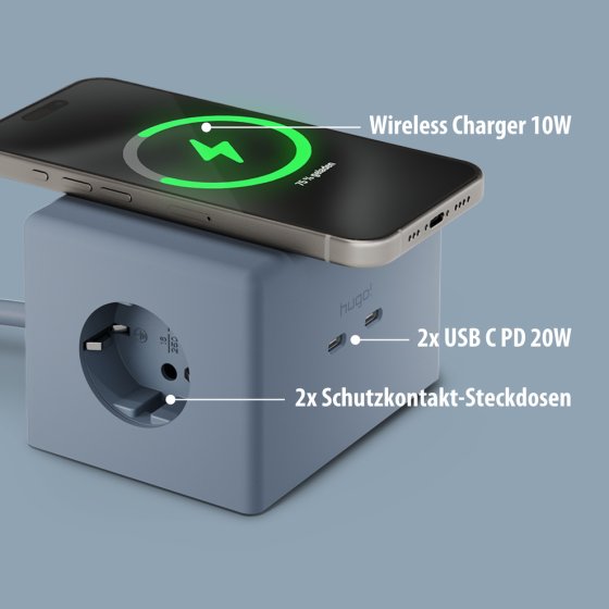 hugo! ONE Steckdosenw&uuml;rfel mit USB C 20W PD ice blue - Anwendungsbild