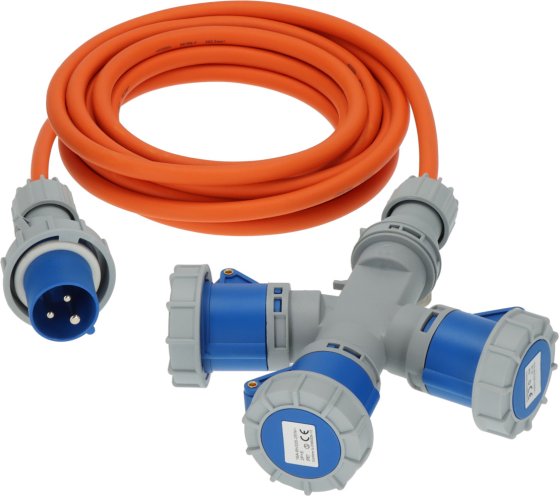 CEE Verl&auml;ngerungskabel IP67, 2m orange H07RN-F3G2.5, 3x CEE 230V Kupplung - Produktansicht