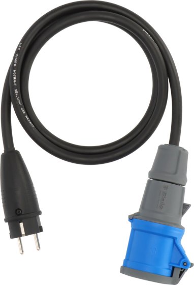 Camping Adapterkabel IP44 1,5m schwarz H07RN-F 3G2,5 Schutzkontakt-Stecker, Kupplung CEE 230V/16A - Produktansicht